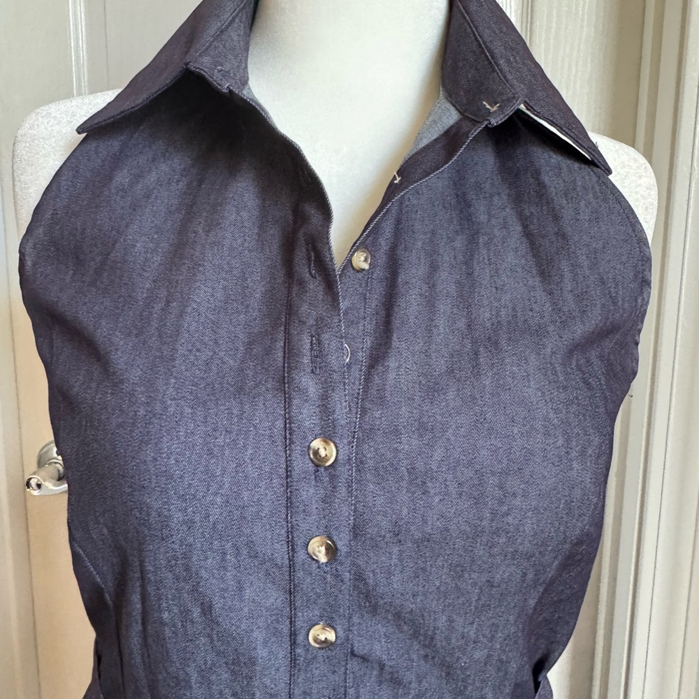 Isaac Mizrahi Collared Midi, Halter Dress in Indigo, Stretch, Lightweight Denim - Picture 7 of 9